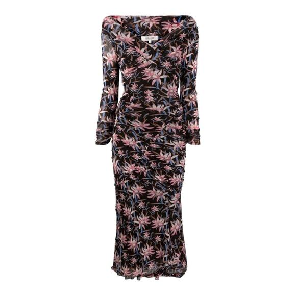 Diane Von Furstenberg Floral Off the Shoulder Ruched Dress Black Size Medium - Picture 8 of 8